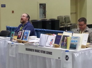 Rusty Barnes at the Night Train table (Night Train is back!) and Kevin Sampsell at the a big mash-up table that includes Sampsell's press, Future Tense